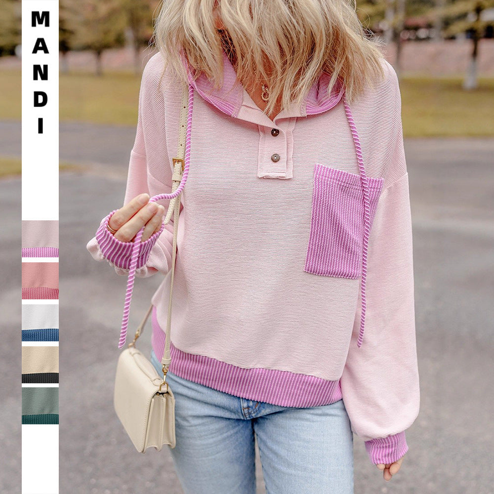 Women's Contrast Color Twist Strip Hooded Sweater