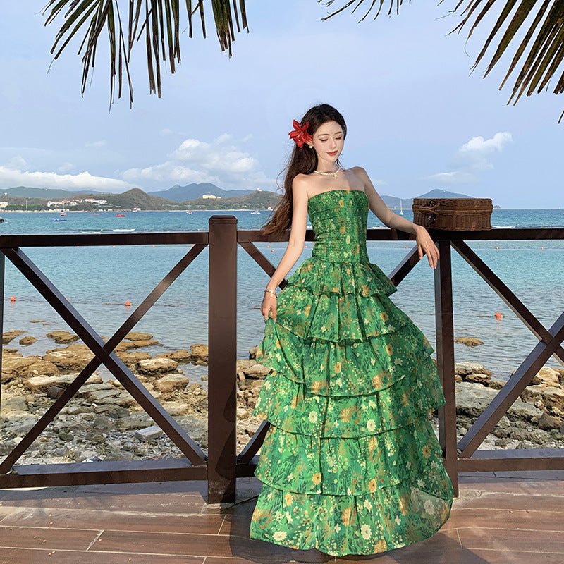 Top Waist Ruffled Women's Printed Dress