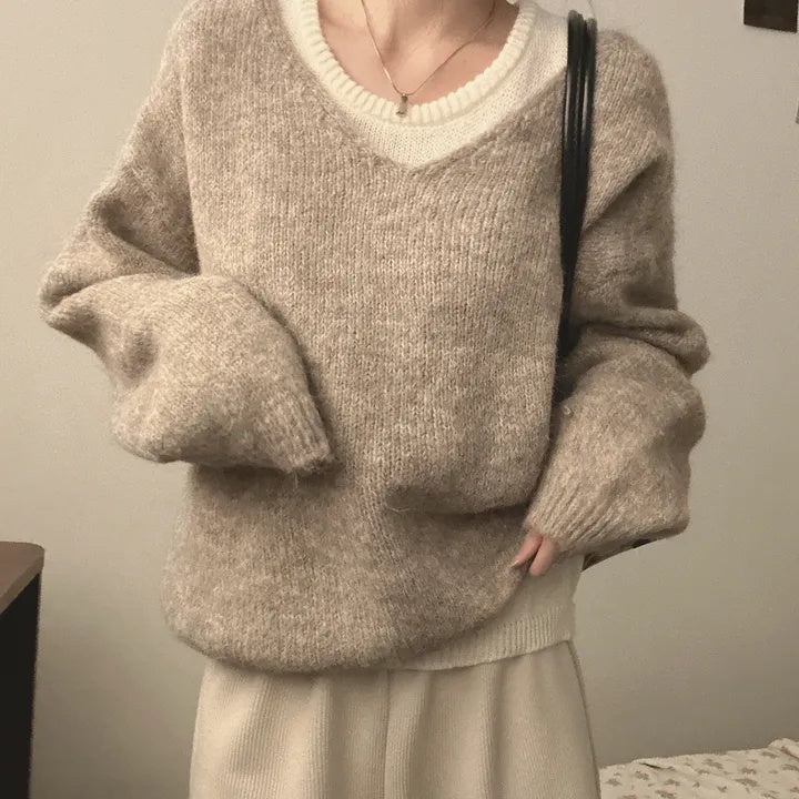 Inner Knitted Vest Loose-fitting Long Sleeve Sweater Two-piece Set