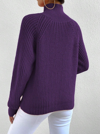 Women Casual Solid Color High Neck Raglan Sleeve Button Decor Pullover Sweater