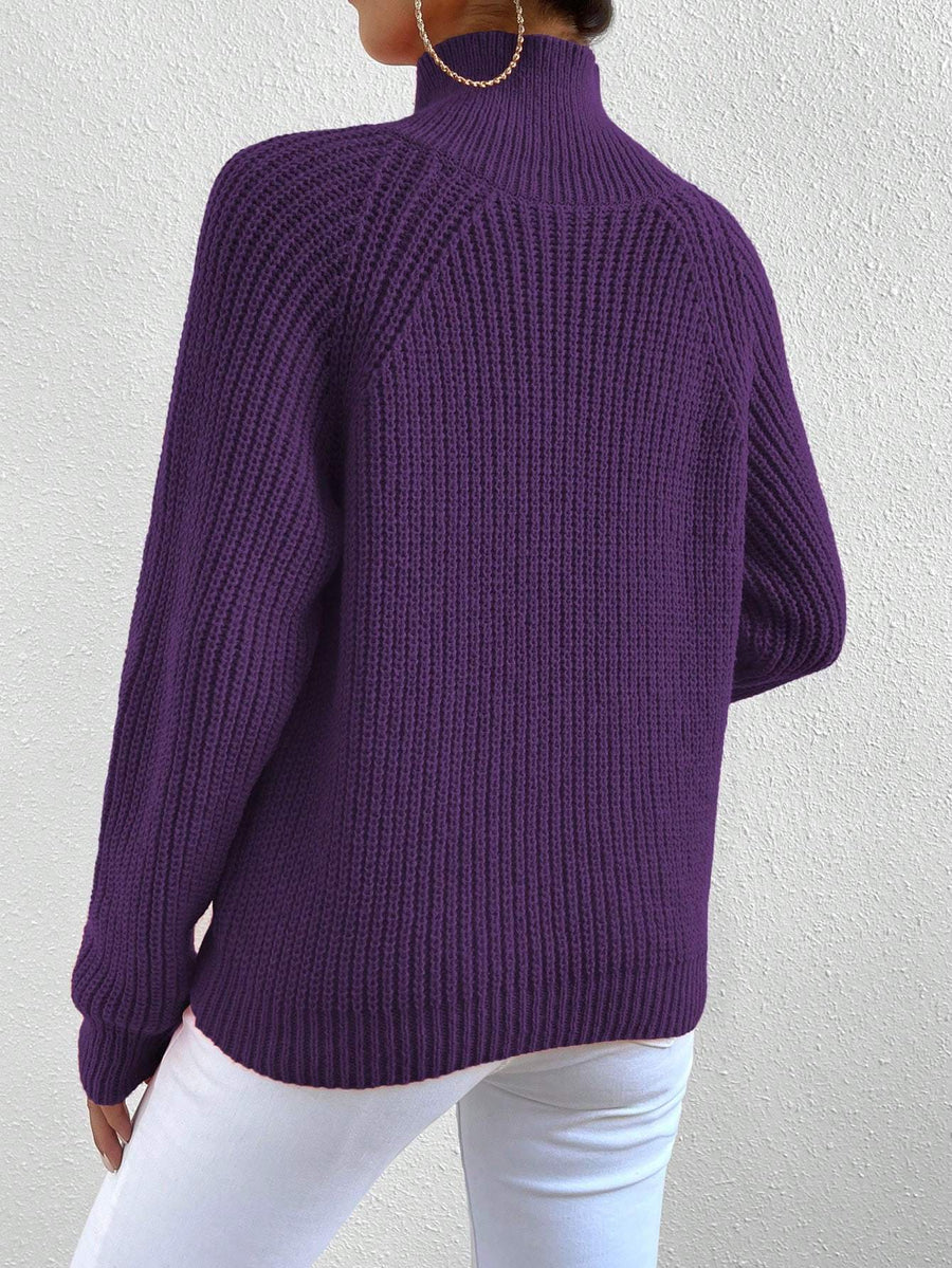 Women Casual Solid Color High Neck Raglan Sleeve Button Decor Pullover Sweater