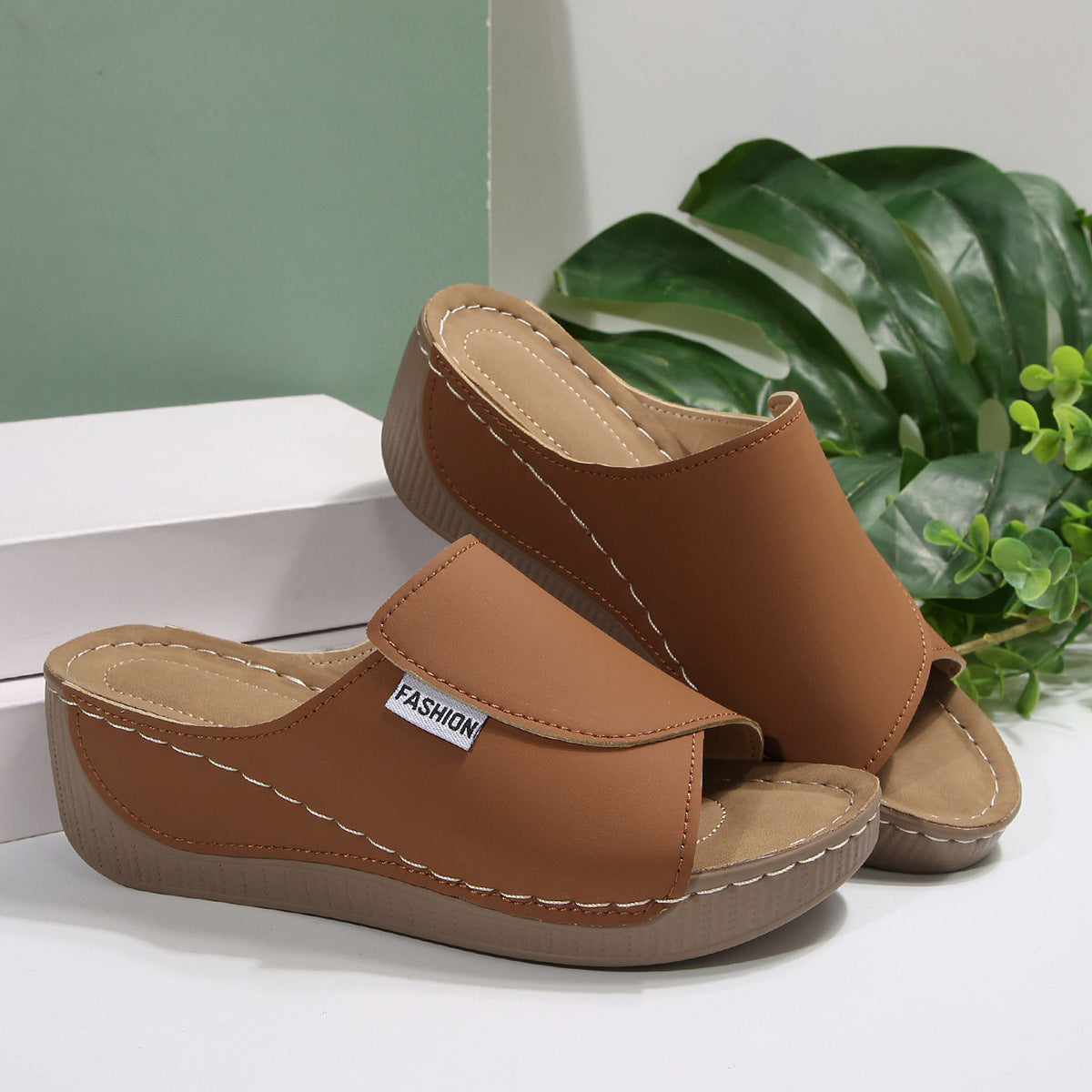 Simple Stylish Peep Toe Wedge Slippers