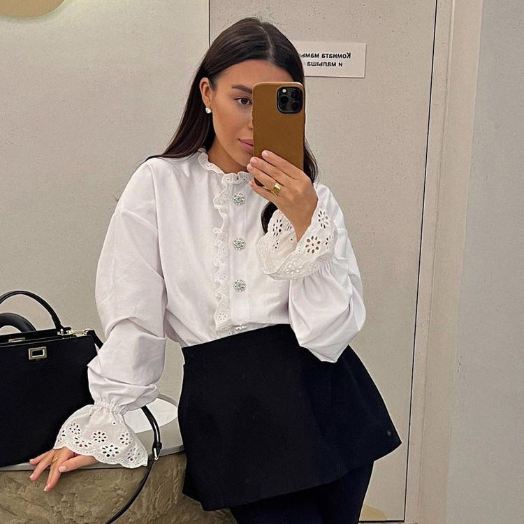 Stand Collar Diamond Lace Ruffled Shirt