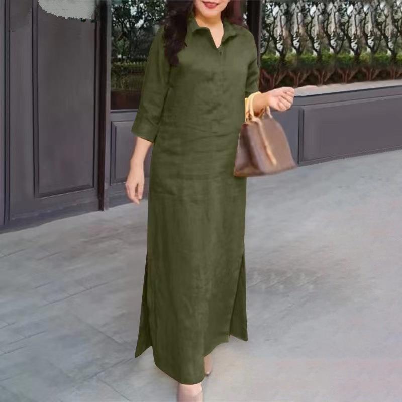 Solid Color Lapel Long Sleeve Simple Dress Women