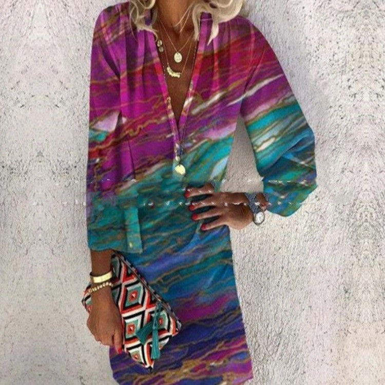 Summer New Printed V-neck Half Sleeves Loose Dress
