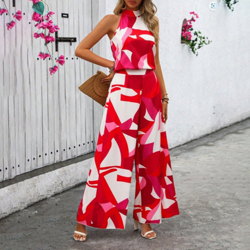 Women's Summer 2 Piece Outfits Floral Print Halter Neck Sleeveless Top Wide Leg Pants Set Jumpsuits