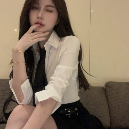 White Polo Collar Long Sleeve Shirt Women