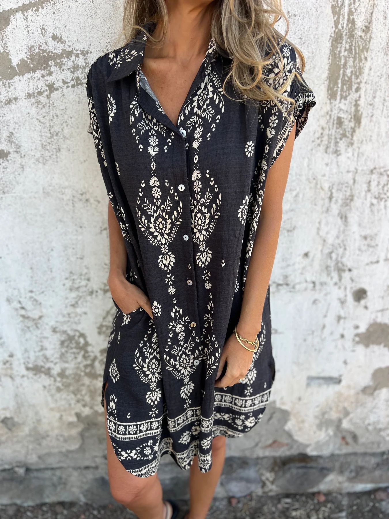 Loose Lapel Sleeveless Shirt Dress With Button Fashion Ethnic-style Printed Button Dresses For Beach