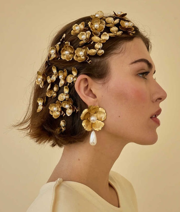 Gold Flower Pearl Barrettes Fashion Bridal Hair Accessories