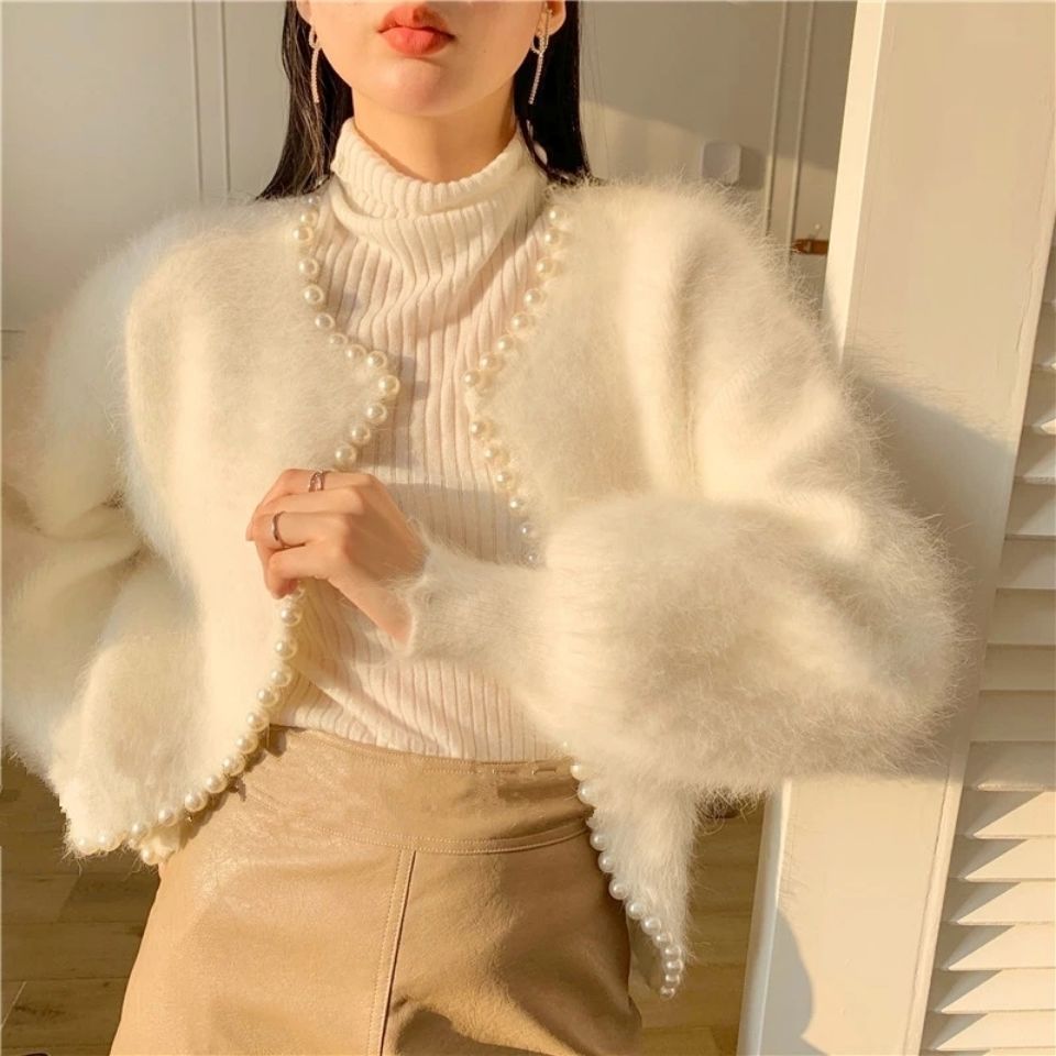 Korean Style Solid Color Fashion Loose Pearl Edge Mink-like Wool Cardigan Sweater