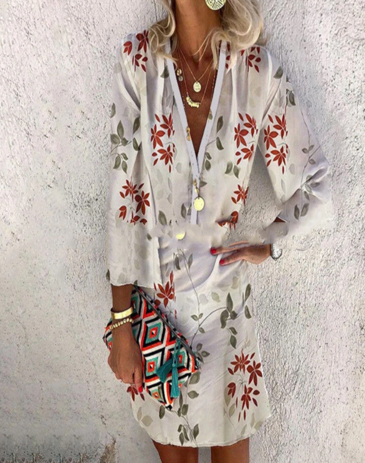 Summer New Printed V-neck Half Sleeves Loose Dress