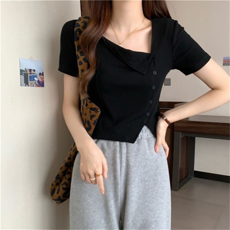 Women's Irregular Square Collar Split Shoulder T-shirt