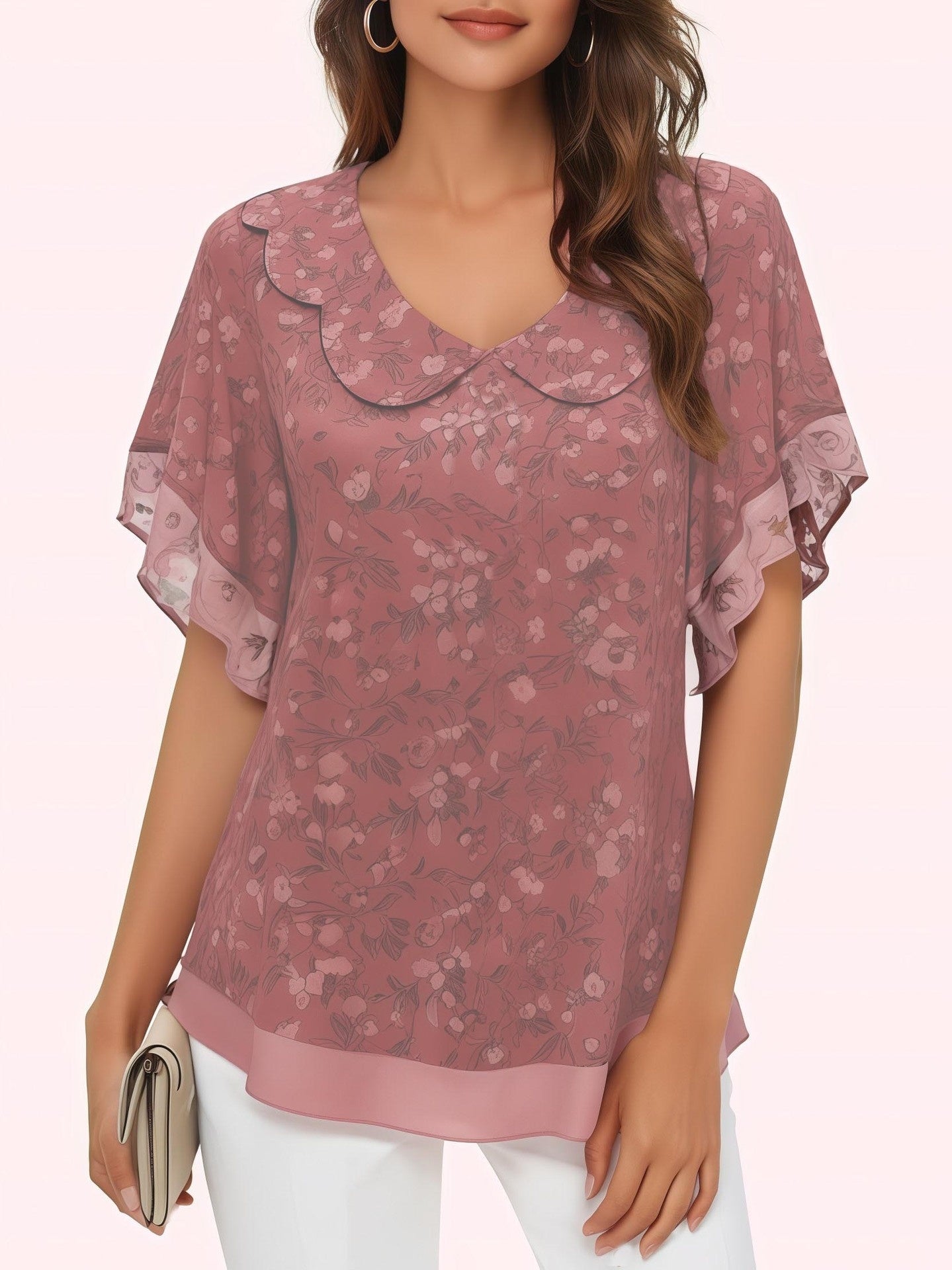 Women's Stringy Selvedge Round Neck Ultra-thin Chiffon Printed Short-sleeved Shirt