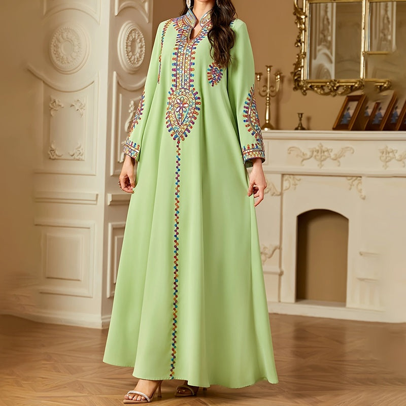 Elegant Women's Long Sleeve Floor-Length Dress - Stand Collar With Geometric Print & Sequins Detail Dress For Casual&Party Wear