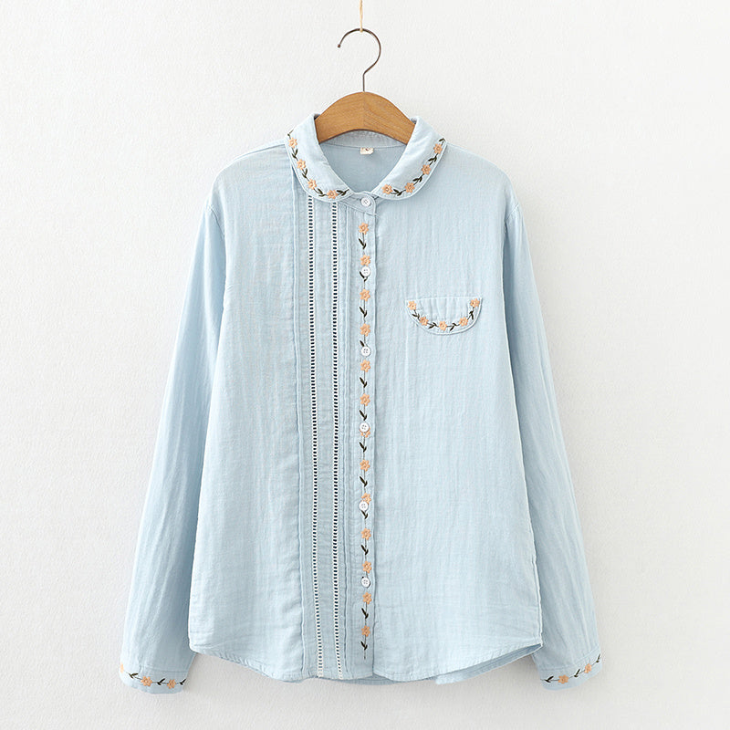 Women's Elegance Doll Collar Embroidered Pleated Long Sleeve Shirt