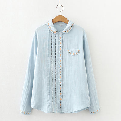 Women's Elegance Doll Collar Embroidered Pleated Long Sleeve Shirt