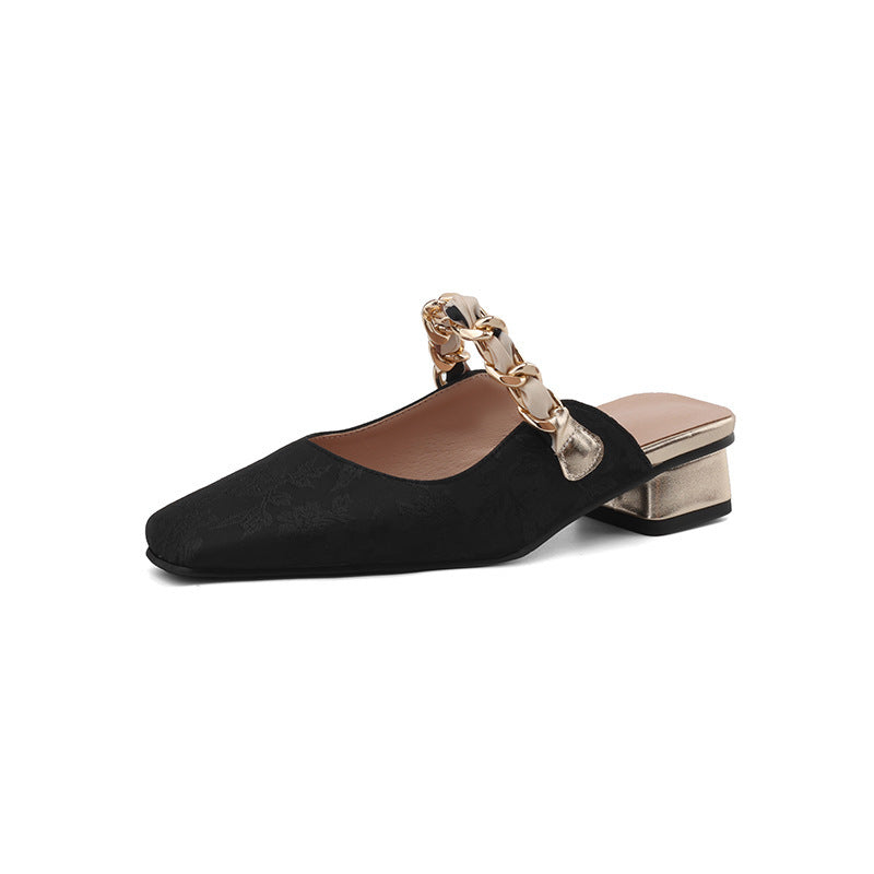Low Heel Square Head 32-43 National Style Metal Chain Outdoor Slippers