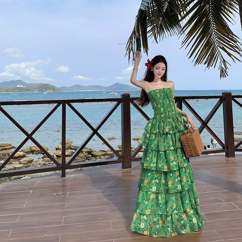 Top Waist Ruffled Women's Printed Dress