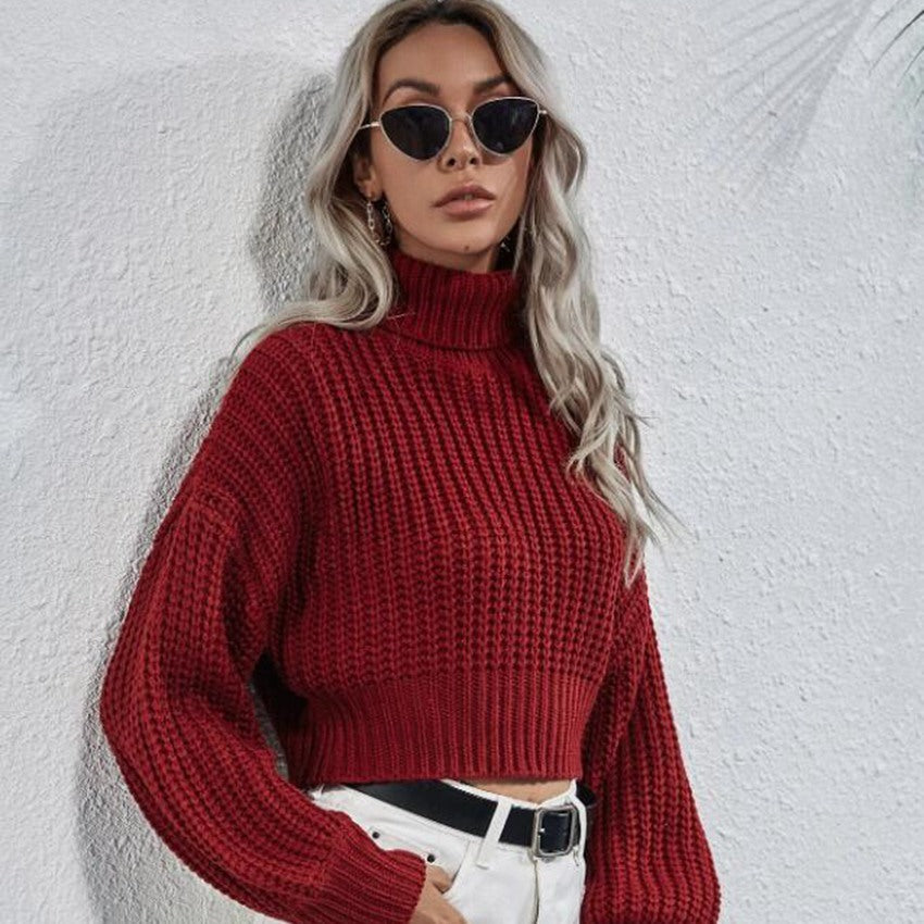 Turtleneck Midriff-baring Knitted Sweater Short