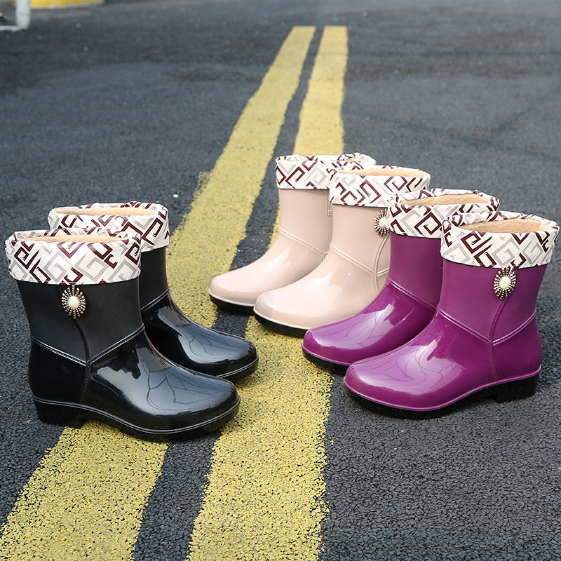 Fashion Rain Boots Women's Middle Tube Non-slip Warm