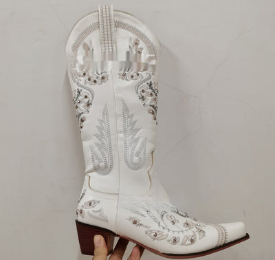 Embroidered Rhinestone Thick High Heel