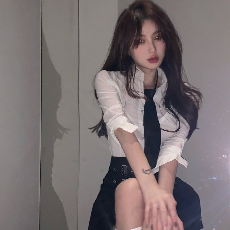 White Polo Collar Long Sleeve Shirt Women