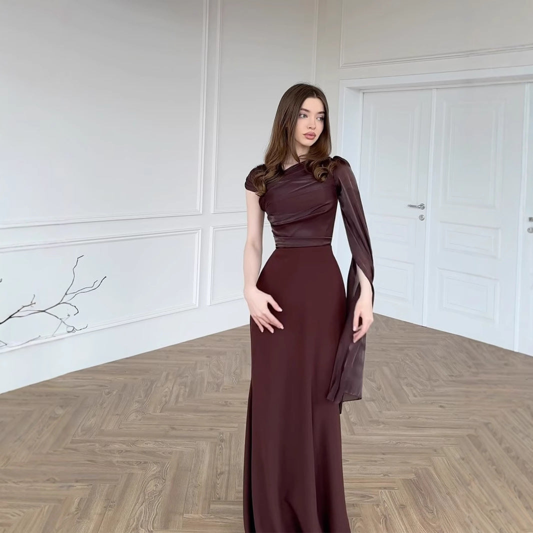 Elegant Single Long Sleeve Slim Satin Dress