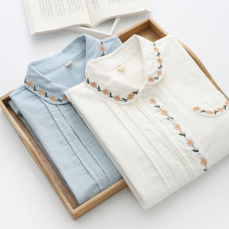 Women's Elegance Doll Collar Embroidered Pleated Long Sleeve Shirt