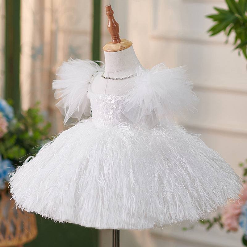 Girls Sequins White Flying Sleeves Feather Dress