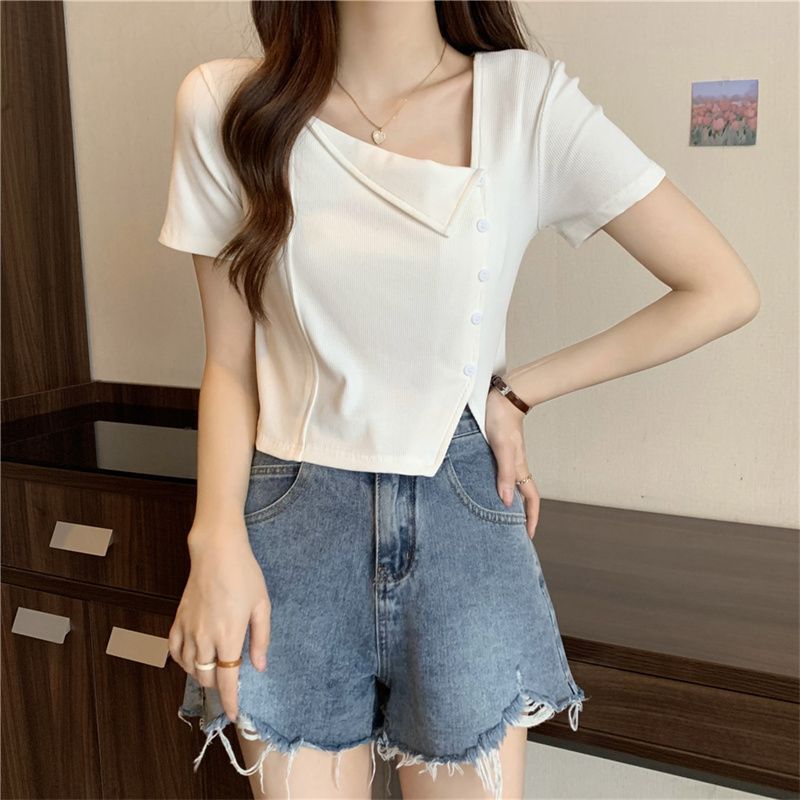 Women's Irregular Square Collar Split Shoulder T-shirt