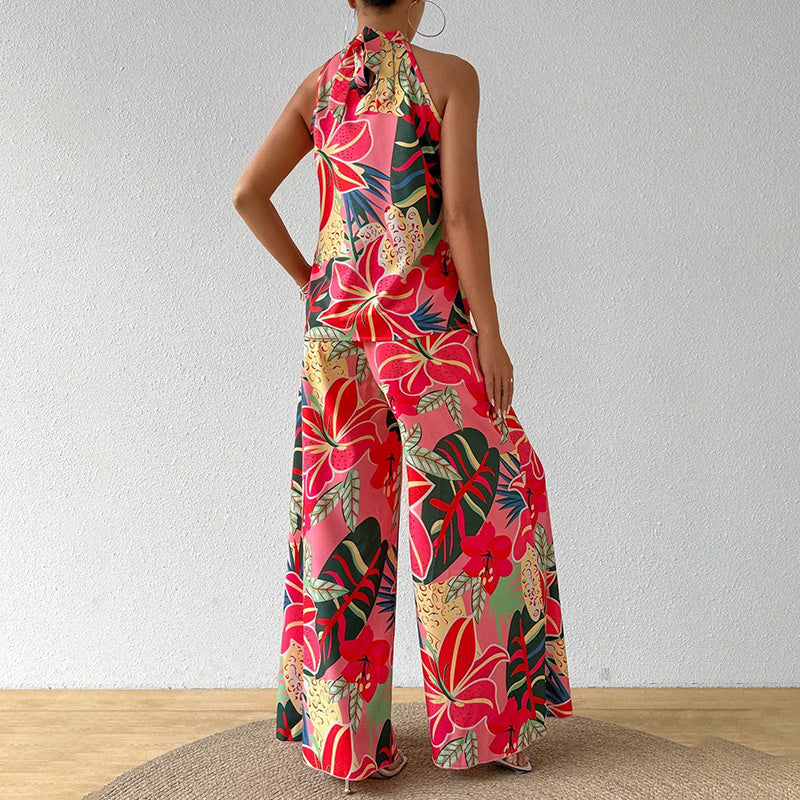 Women's Summer 2 Piece Outfits Floral Print Halter Neck Sleeveless Top Wide Leg Pants Set Jumpsuits