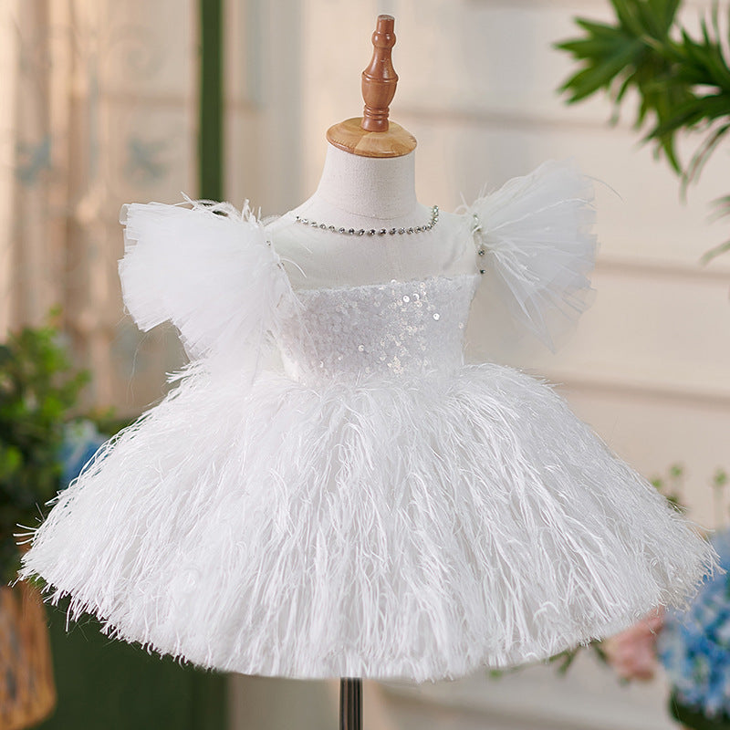 Girls Sequins White Flying Sleeves Feather Dress