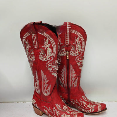 Embroidered Rhinestone Thick High Heel