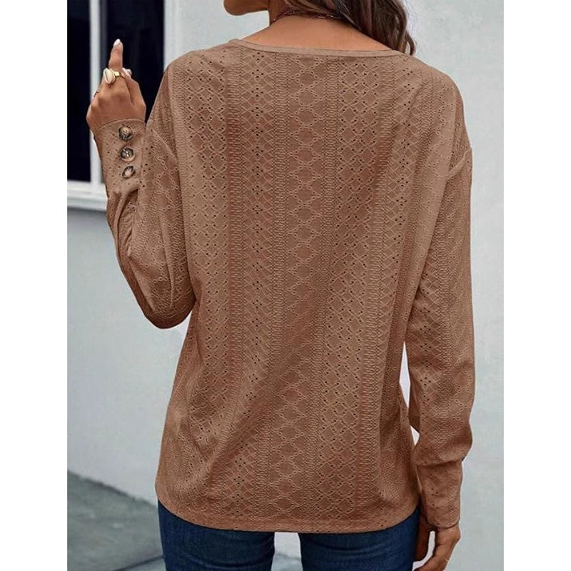 Womens Long Sleeve Eyelet Tops V Neck Fall Shirts Casual Loose Blouses Trendy Clothes