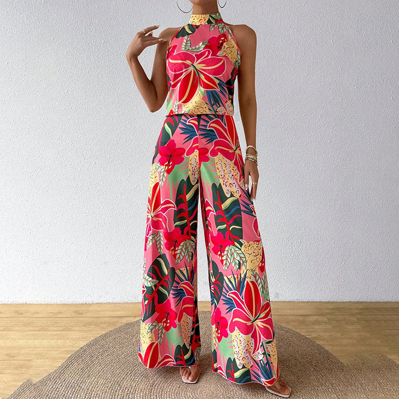 Women's Summer 2 Piece Outfits Floral Print Halter Neck Sleeveless Top Wide Leg Pants Set Jumpsuits