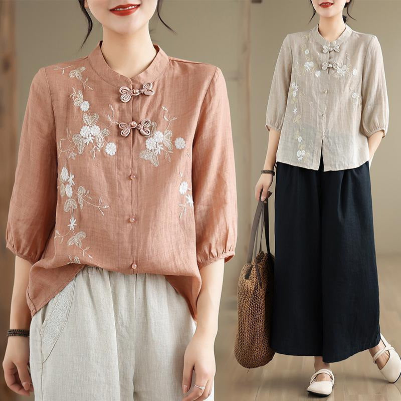 Women's Three-quarter Sleeve Cotton And Linen Top