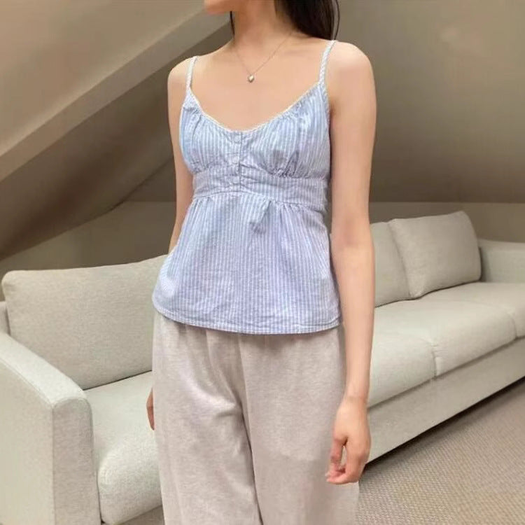 Blue And White Striped Lace V-neck Lace-up Camisole