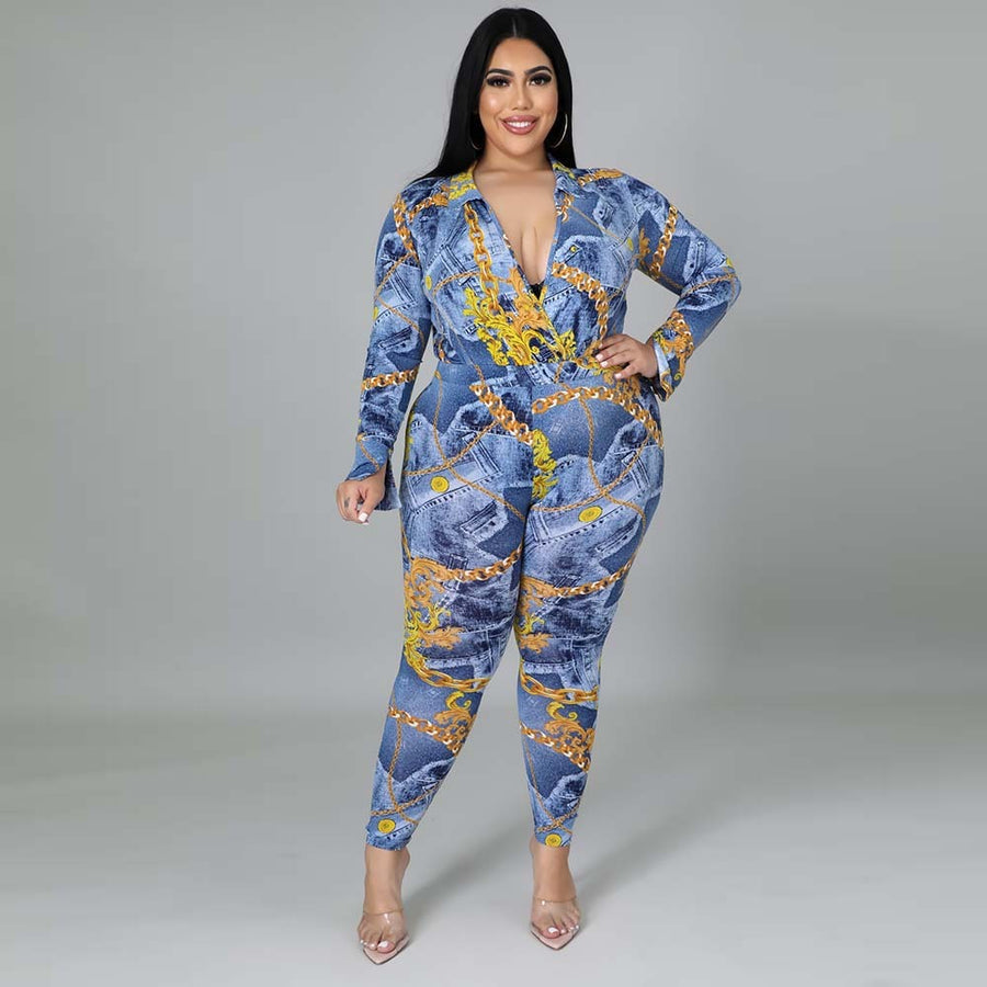 Plus Size Women's Autumn New Fashion V-neck Printed Shirt Trousers Suit