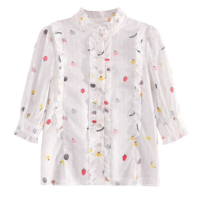 Women's Fashion Stand Collar Ruffle White Shirt