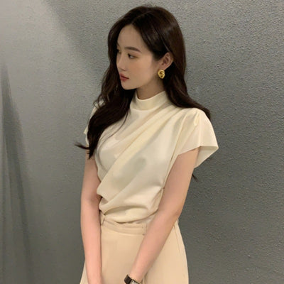Women's Stand Collar Oblique Pleated Shirt Top
