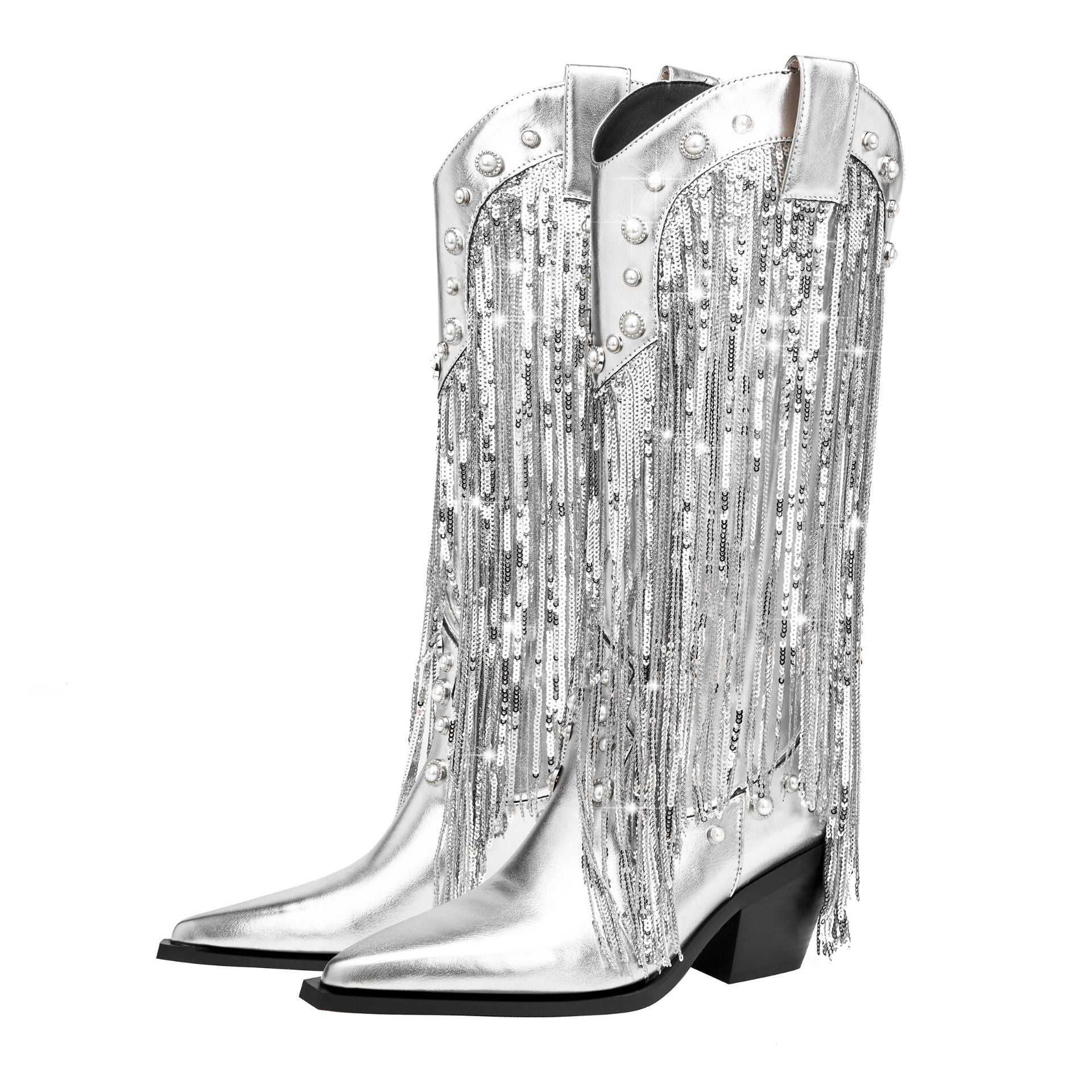 Sequin Tassel Pointed Sleeve High Leg Boot