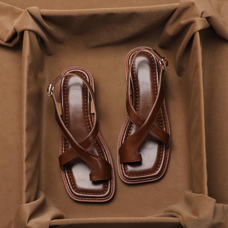 French Retro Brown Toe Ring Sandals