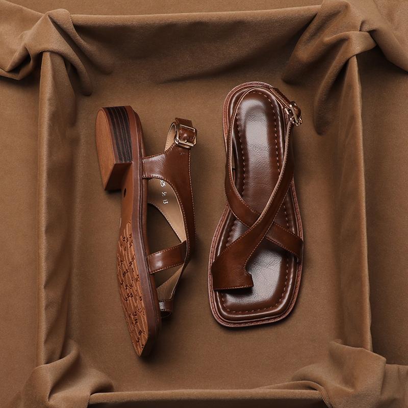 French Retro Brown Toe Ring Sandals