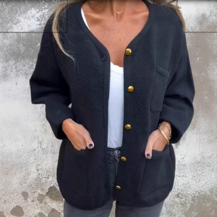 Women's Round Neck Long Sleeve Woolen Coat