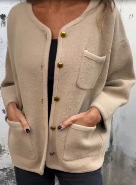 Women's Round Neck Long Sleeve Woolen Coat