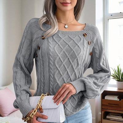 Women's Solid Color Casual Square Neck Button-Detail Knit Top -