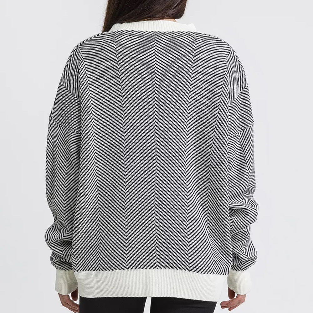 Contrast Striped Sweater Jacket, Long Sleeved Top