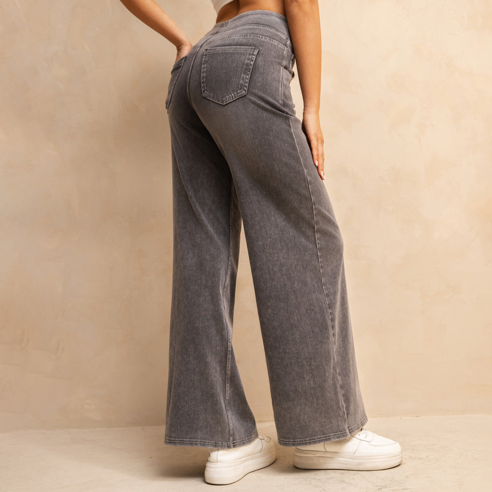 Shascullfites Full-Length Wide Leg Jeans Stretch Cotton Light Grey Wash Casual Pants With Multiple Pockets Baggy Fit