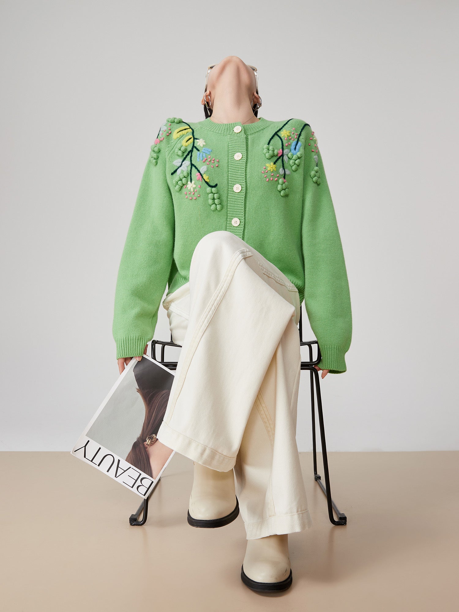 Green Handmade Three-dimensional Embroidered Round Neck Knitted Cardigan For Women