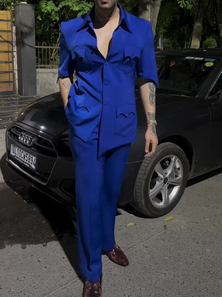 Blue Short - Sleeve Suit With Heart - Shaped Pocket Details